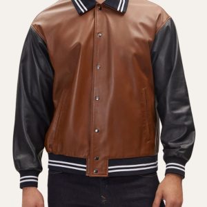 Polo Collar Double Tone Bomber Leather Jacket