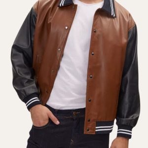 Polo Collar Double Tone Bomber Leather Jacket Front