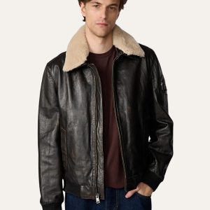Aviator Bomber Leather Jacket With Shearling Collar