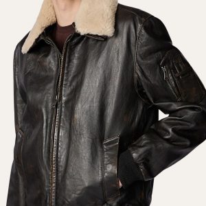 Side Of Aviator Bomber Leather Jacket With Shearling Collar