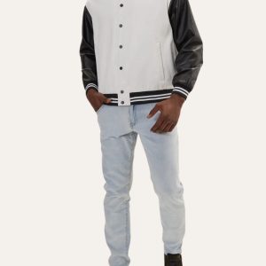 Black and White Varsity Bomber Leather Jacket