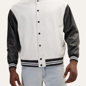Black and White Varsity Bomber Leather Jacket Front