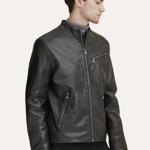 Black Moto Zipper Biker Leather Jacket Front