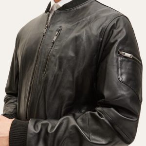 Black Stylish Mens Bomber Retro Leather Jacket Side View
