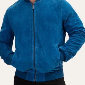 Blue Suede Leather Mens Bomber Jacket