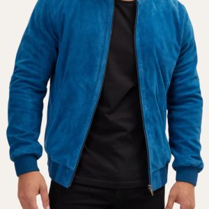 Blue Suede Leather Mens Bomber Jacket Front