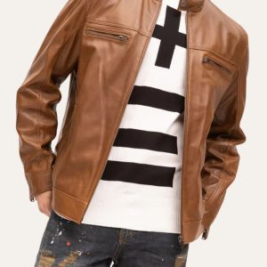 Front view of Brown Cafe racer Biker Leather Jacket