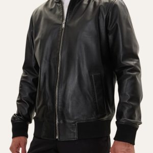 Classic Mens Black Bomber Leather Jacket Side