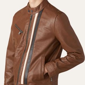 Side Of Mens Brown Biker Leather Jacket With Strips