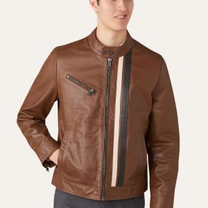 Mens Brown Biker Leather Jacket With Strips Front
