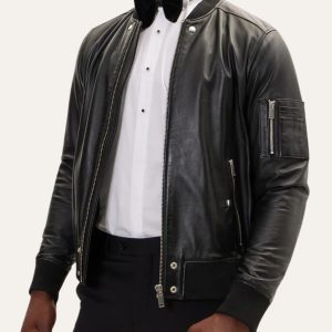 Sleek Look Black Bomber Leather Jacket Side view